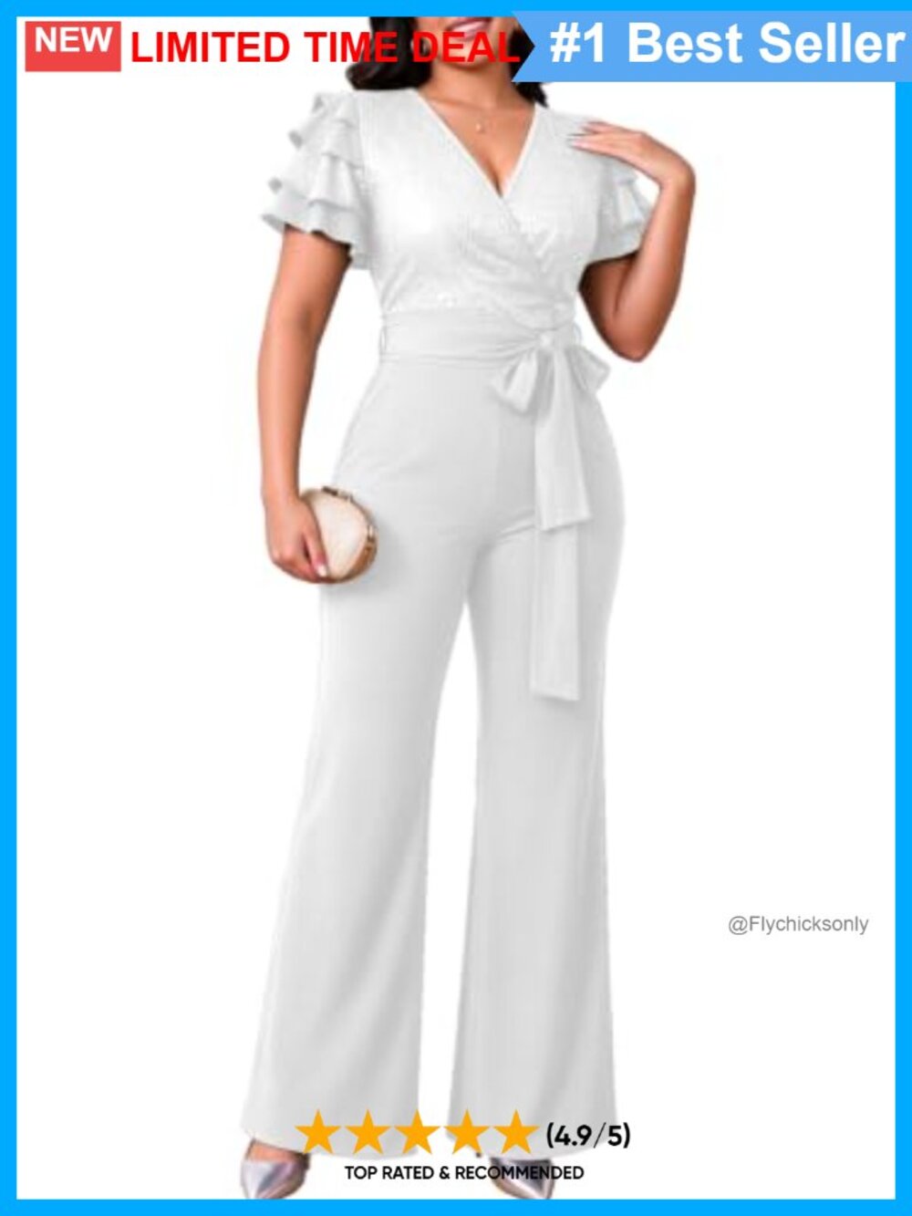 Sequin Wide Leg Jumpsuit V Neck Ruffle Sleeve Cocktail Party